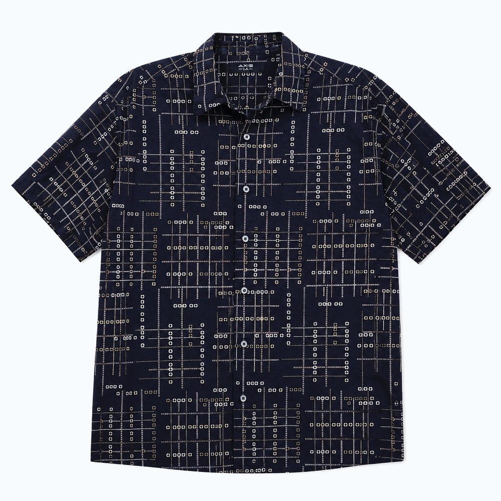 Axis LA Mens Large 100% Silk Short Sleeve Button Down Shirt Navy Geometric Grid